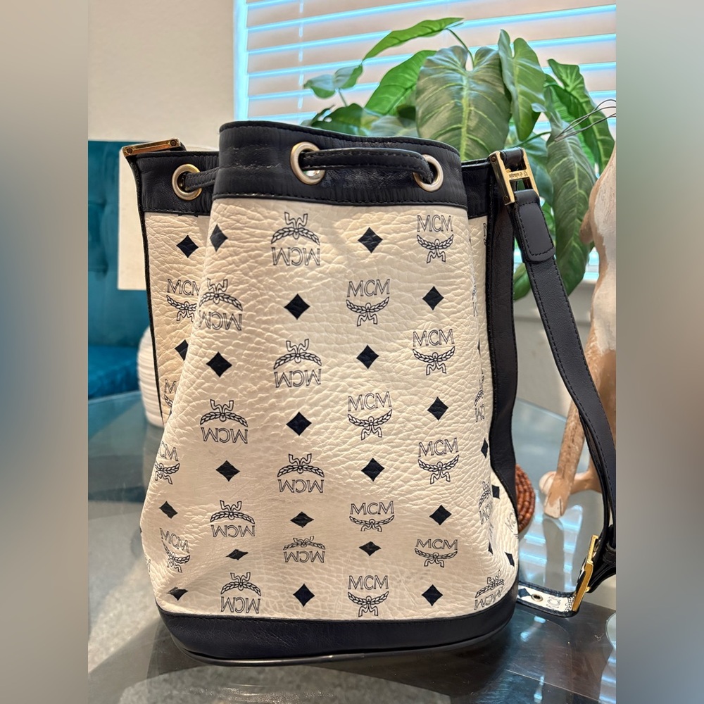 MCM White and Black Visetos Drawstring Crossbody Bucket Bag - Picture 7 of 15